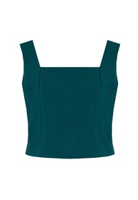 Top aderente color turchese con scollatura quadrata e spalline larghe. Realizzato in materiale liscio, presenta linee pulite e una silhouette sartoriale.