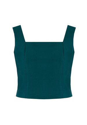 Top aderente color turchese con scollatura quadrata e spalline larghe. Realizzato in materiale liscio, presenta linee pulite e una silhouette sartoriale.