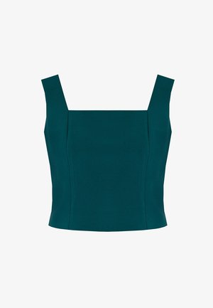 Haut ajusté teal avec un décolleté carré et de larges bretelles. Fabriqué en matériau lisse, présentant des lignes épurées et une silhouette cintrée.