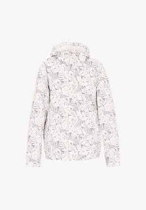 Lekka, kapturowa kurtka w białym kolorze z szarym wzorem liści; ma długie rękawy i zamek błyskawiczny z przodu. Gładka tekstura, swobodny design.