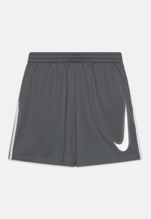 Pantalones cortos deportivos grises con cintura elástica, logo blanco de Nike en el lado izquierdo y franjas laterales blancas. Hechos de tejido ligero.