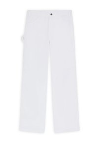 Pantalones blancos con un diseño de pierna recta, que cuentan con bolsillos frontales, un bolsillo lateral y un cierre de botón de metal en la cintura.