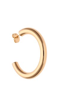 Cercei din aur în formă de cerc, cu o suprafață metalică netedă, de formă rotundă, având un sistem de prindere sigur, cu un diametru de aproximativ 5 centimetri.