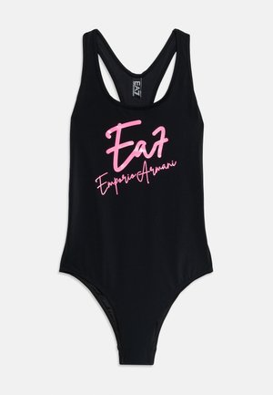 Costum de baie întreg negru cu spate racer și logo roz "Ea7 Emporio Armani" centrat în față.