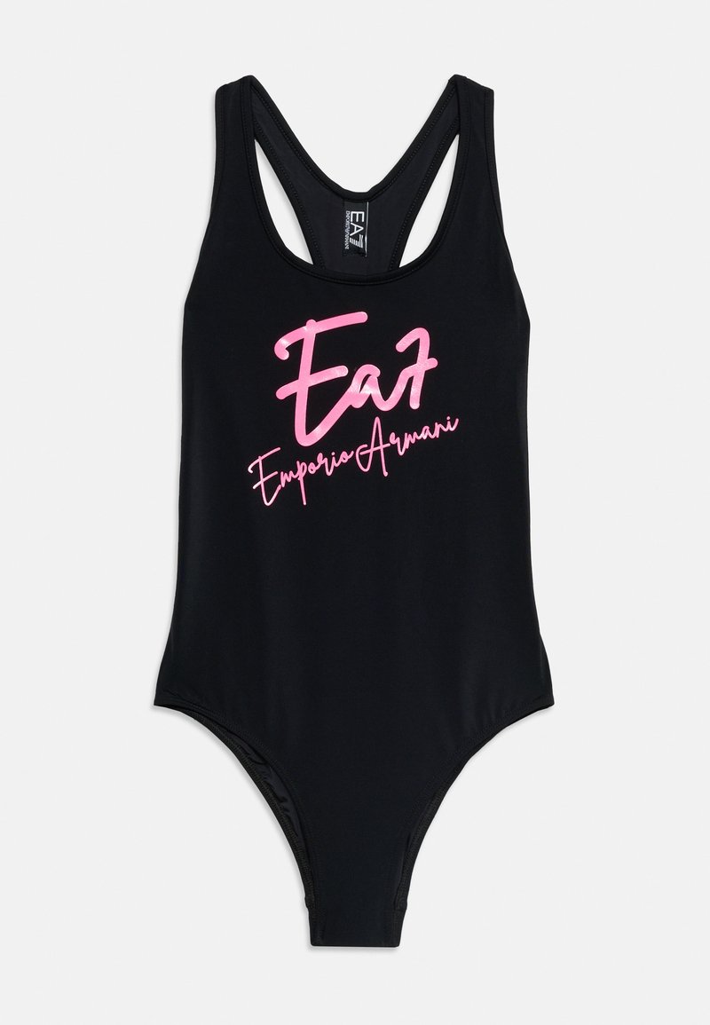Μαύρο ολόσωμο μαγιό με racerback και ροζ λογότυπο "Ea7 Emporio Armani" στο κέντρο μπροστά.
