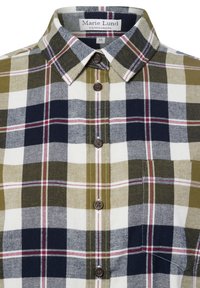 Button-up shirt in a plaid pattern featuring green, navy, white, and burgundy hues. Made of fabric with a soft texture and collar detail.