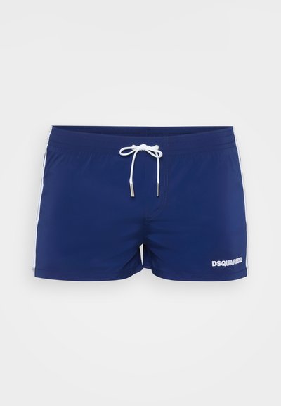 Marine svømmebukser med hvite sidebånd og snøring foran. Har "DSQUARED2"-logoen foran nede i hvitt.