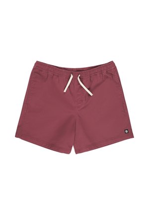 Bañador corto color granate con cintura elástica, cordón blanco, bolsillos laterales y pequeño parche negro con logo en la parte inferior de la pierna izquierda.