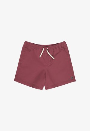 Bañador corto color granate con cintura elástica, cordón blanco, bolsillos laterales y pequeño parche negro con logo en la parte inferior de la pierna izquierda.