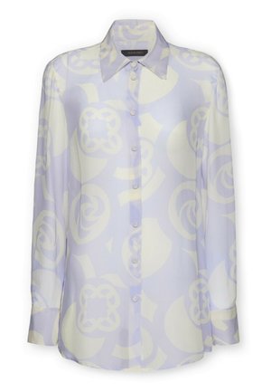 Jasnofioletowa koszula zapinana na guziki o błyszczącym wykończeniu, z delikatnym wzorem w blado-kremowe geometryczne kształty i klasycznym kołnierzem.