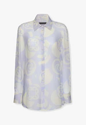 Jasnofioletowa koszula zapinana na guziki o błyszczącym wykończeniu, z delikatnym wzorem w blado-kremowe geometryczne kształty i klasycznym kołnierzem.