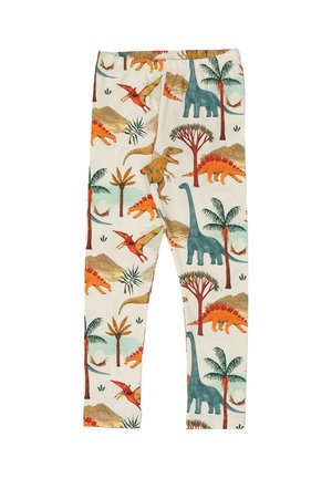 Children's leggings with colorful dinosaur and palm tree patterns on a light beige background.