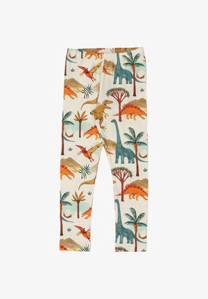 Kinderleggings mit bunten Dinosaurier- und Palmenmustern auf hellem Beigeton.
