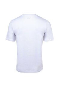 Camiseta blanca de manga corta hecha de algodón, con un cuello redondo y un diseño sencillo, sin gráficos ni adornos.