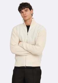 Cremfarbener Reißverschluss-Pullover mit gerippten Ärmeln und Kragen. Weicher Stoff, figurbetontes Design und dezentes Muster auf dem Körper. Wird über einem schwarzen Shirt getragen.