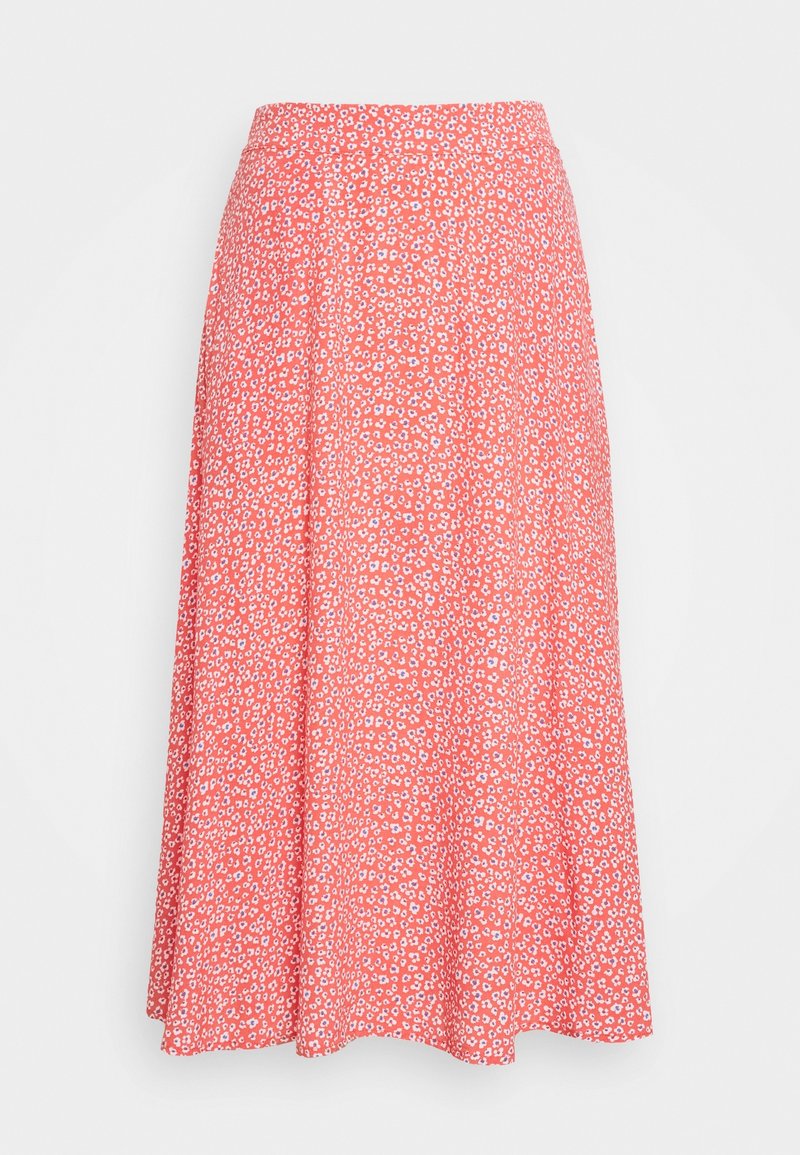 Jupe midi corail rose avec un petit motif floral blanc et une silhouette fluide en ligne A sur fond blanc uni.