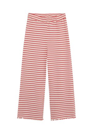 Gestreifte, weit geschnittene Hose aus weichem, dehnbarem Stoff. Mit abwechselnden roten und weißen Streifen, einem taillierten Bund und rohen Saumkanten.
