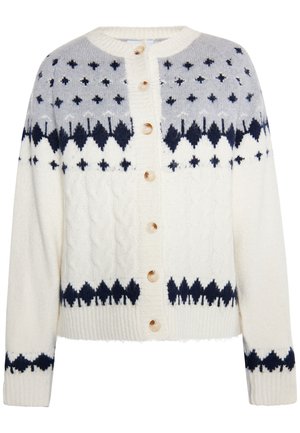 Valkoinen neulecardigan, jossa on harmaita ja tummansinisia kuvioita, pyöreä kaula-aukko, nappikiinnitys ja teksturoitu palmikkoneule.
