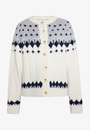 White knitted cardigan with grey and navy patterned accents, featuring a round neck, button closure, and textured cable knit design.