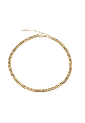 Collana in oro con anelli intrecciati, caratterizzata da una superficie liscia e un gancio a becchi con catena regolabile per la misura.