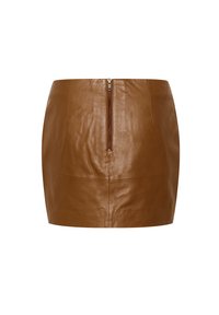 Gonna mini in pelle marrone con superficie liscia, dotata di chiusura centrale con zip sul retro e silhouette pulita. Non sono visibili tasche.