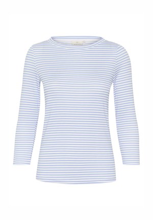 Lange mouwtop in lichtblauw en witte horizontale strepen, met een ronde halslijn en een aangesloten silhouet met een soepele textuur.