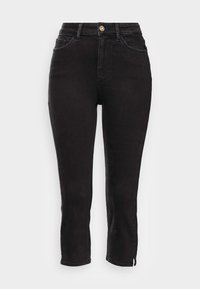 Vaqueros de mezclilla negros con un diseño de tiro medio y corte slim. Presenta cinco bolsillos, un cierre de botón y un corte a la altura del tobillo con aberturas laterales.