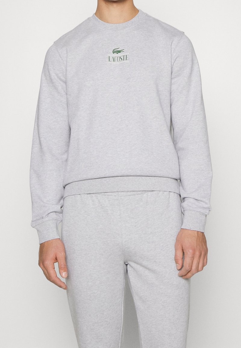 Felpa grigia con colletto rotondo, polsini e orlo a costine, con un piccolo logo verde Lacoste sul petto. Tessuto morbido e liscio in misto cotone.