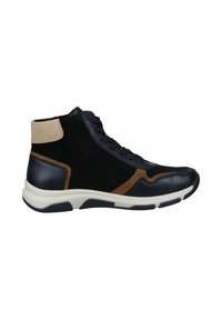 High-top sneakers featuring black leather and suede construction with brown accents, cushioned sole, and tonal lacing system.