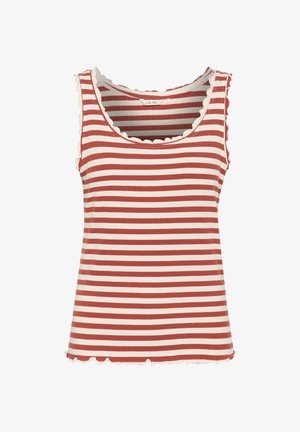 Ribakujundusega triibuline top, millel vahelduvad tumepunased ja kreemjad värvid, laineline kaelus ja äär.