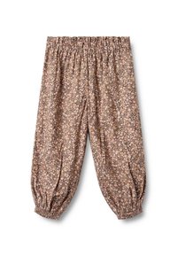 Blumenmuster-Hosen aus weichem Stoff mit elastischem Bund und gerafften Bündchen, überwiegend in Brauntönen, Creme und Grün.