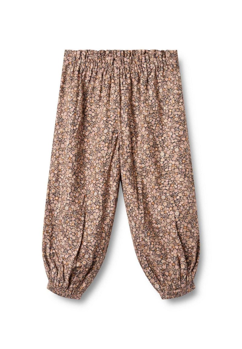 Blumenmuster-Hosen aus weichem Stoff mit elastischem Bund und gerafften Bündchen, überwiegend in Brauntönen, Creme und Grün.
