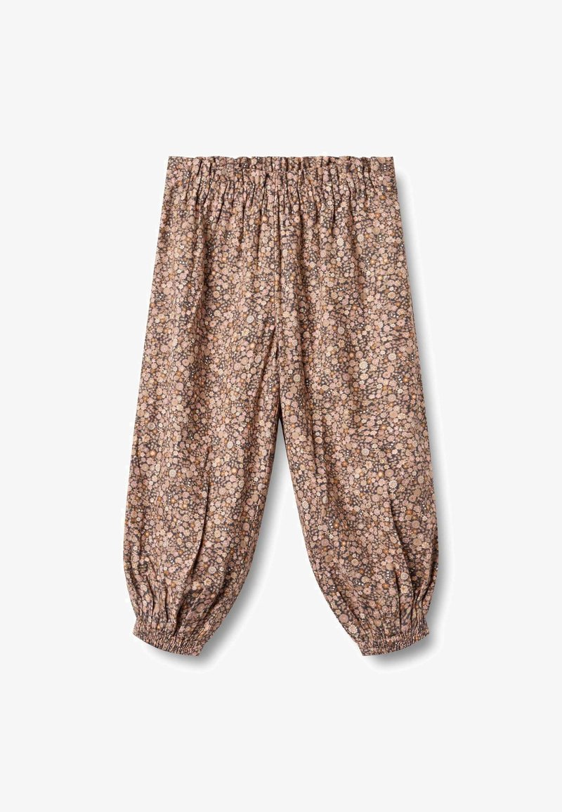 Pantalons à motif floral en tissu doux, dotés d'une taille élastique et de poignets froncés, principalement dans des teintes de marron, crème et vert.