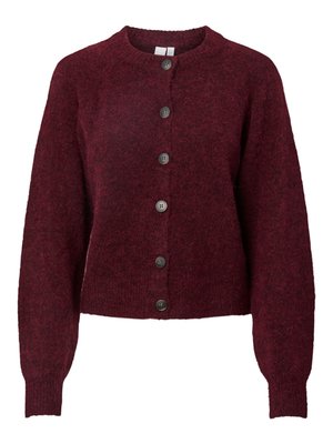 Burgundy ullkofta med rund halsringning och sex svarta knappar framtill, med långa ärmar och ribbade mudd och nederkant.