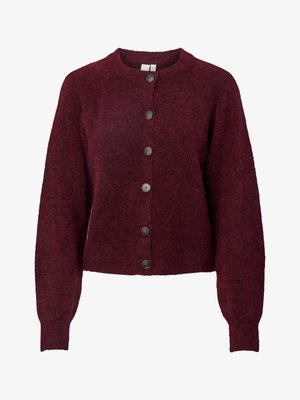 Burgundy wool cardigan with crew neckline and six black buttons down the front, featuring long sleeves and ribbed cuffs and hem.