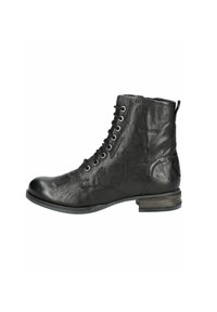Bottine en cuir noir à lacets, à bout rond et à talon bas. Présente des détails de couture et une languette à l'arrière.