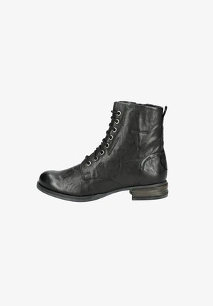 Black leather ankle boot with lace-up front, rounded toe, and a low heel. Features stitching details and a loop tab at the back.