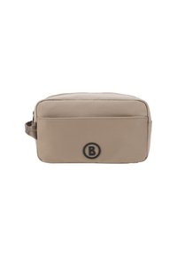 Borsa da viaggio rettangolare beige realizzata in nylon testurizzato. Presenta una tasca frontale, chiusura con zip e un logo circolare nero sulla parte anteriore.