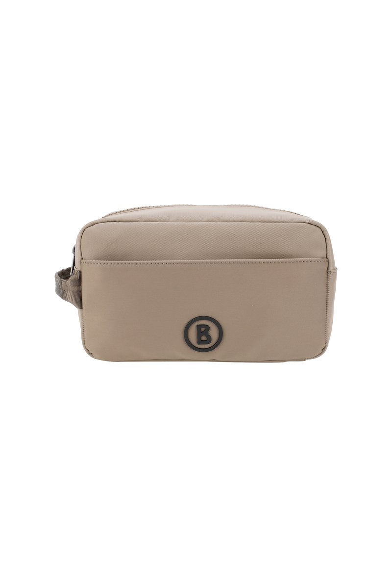 Borsa da viaggio rettangolare beige realizzata in nylon testurizzato. Presenta una tasca frontale, chiusura con zip e un logo circolare nero sulla parte anteriore.