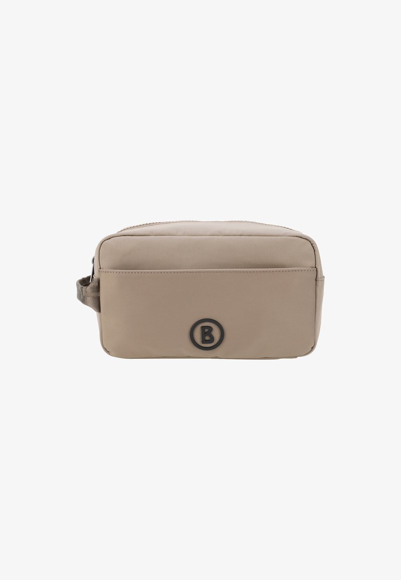 Borsa da viaggio rettangolare beige realizzata in nylon testurizzato. Presenta una tasca frontale, chiusura con zip e un logo circolare nero sulla parte anteriore.