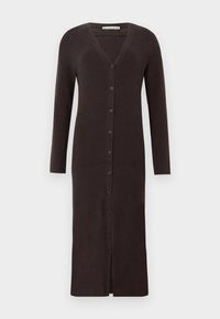 Μακρύ, σκούρο καφέ ριμπ κασκόλ με V-λαιμό, μακριά μανίκια και πλήρη κλείσιμο με κουμπιά μπροστά με 7 κουμπιά. Μήκος μέχρι το γόνατο.