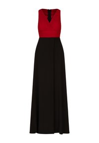 Zwarte maxi-jurk met een geplooid rood lijfje, V-hals en een verborgen rits aan de achterkant. Glad stof, vloerlange silhouet en een getailleerde taille.