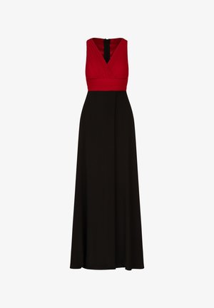 Black maxi dress with a pleated red bodice, V-neck, and a concealed zip at the back. Smooth fabric, floor-length silhouette, and fitted waist.