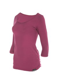 Langärmliges Oberteil in kräftigem Pink, aus weichem Stoff mit einem runden Halsausschnitt und gerafftem Detail an der Seite. Etikett am Saum sichtbar.