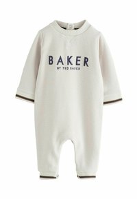 Combi-bébé à manches longues en tissu gaufré crème avec "BAKER BY TED BAKER" brodé à l'avant et des poignets rayés aux manches et aux jambes.