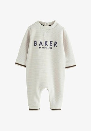 Combi-bébé à manches longues en tissu gaufré crème avec "BAKER BY TED BAKER" brodé à l'avant et des poignets rayés aux manches et aux jambes.