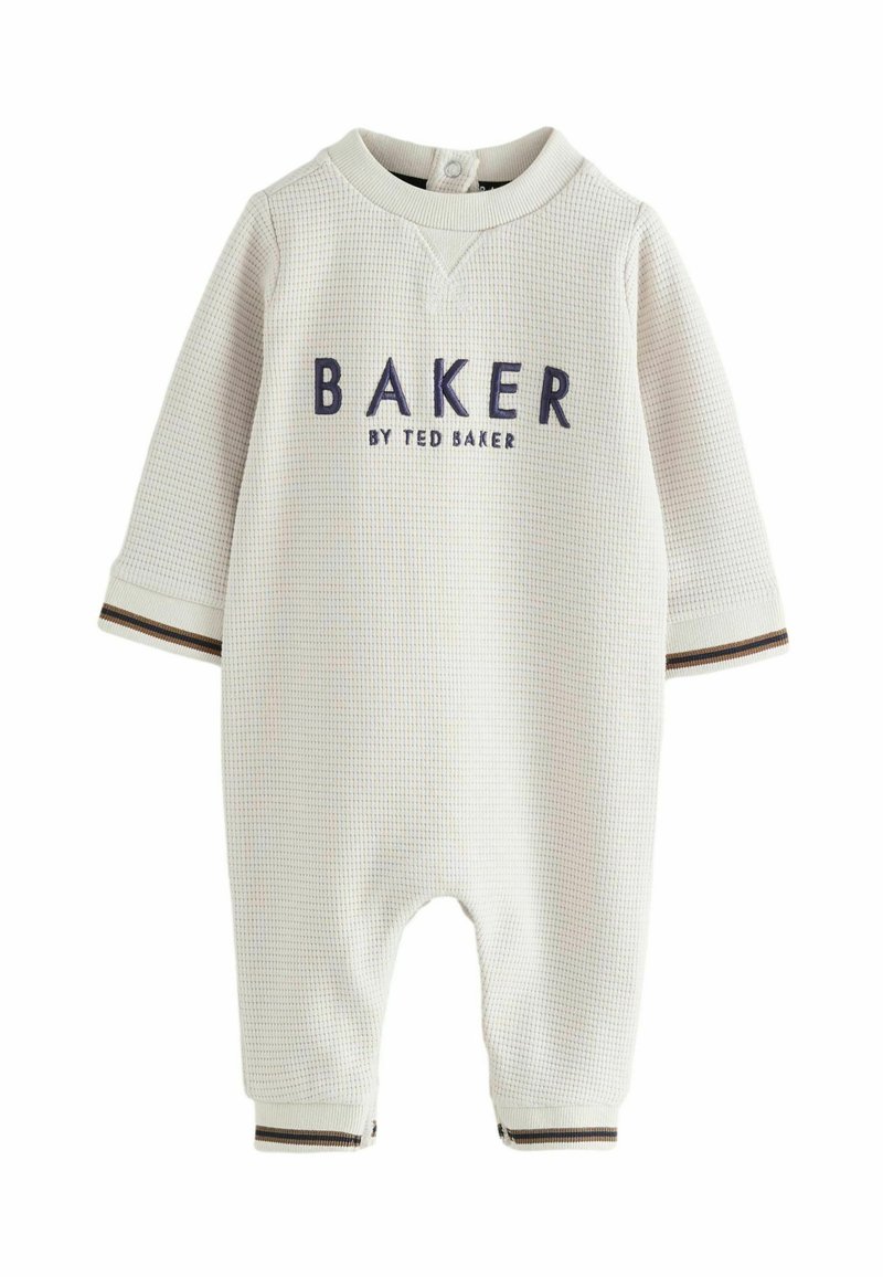 Combi-bébé à manches longues en tissu gaufré crème avec "BAKER BY TED BAKER" brodé à l'avant et des poignets rayés aux manches et aux jambes.