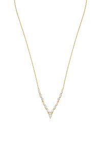 Goldene Halskette mit einem V-förmigen Design und abwechselnden klaren Edelsteinen, die eine glatte Textur und einen polierten Glanz aufweisen.