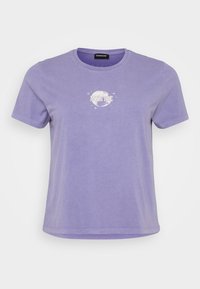 Purple cotton t-shirt with short sleeves, round neckline, and a small white “MYSTIC” graphic with stars on the front. Soft, casual fit.