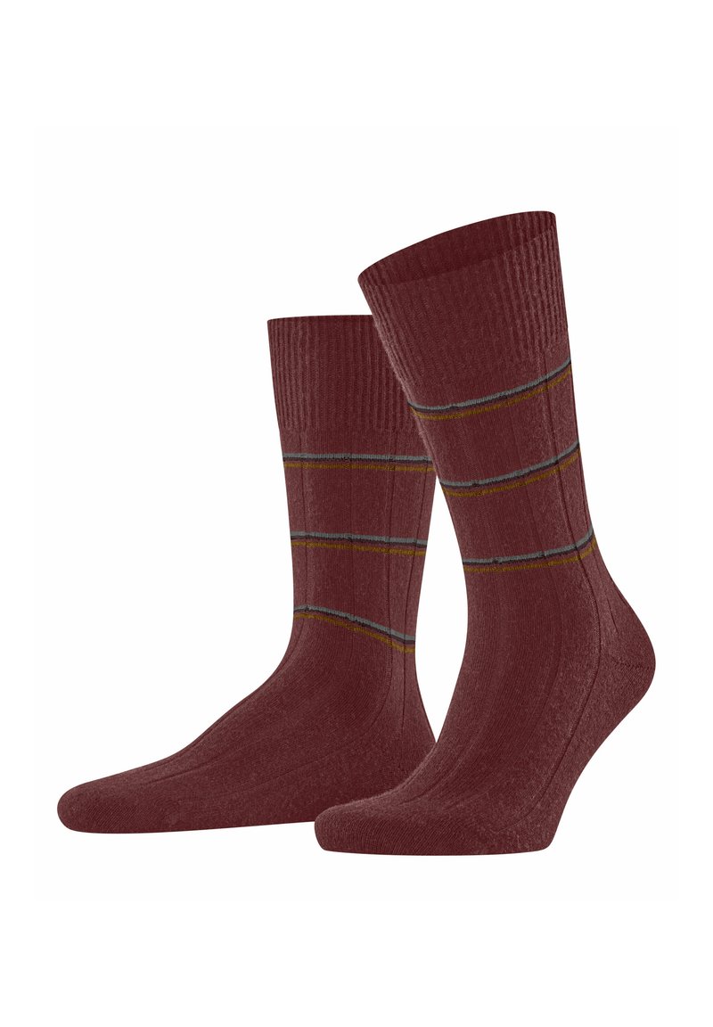Burgunderfarbene Socken mit gerippter Struktur und drei kontrastierenden Streifen in Grau und Gelb. Glatte Oberfläche und bequeme Passform.